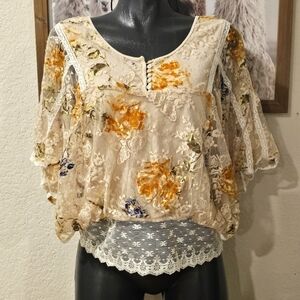 Free People Floral Lace Blouse in Cream and Orange